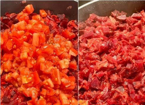 1. Этап. Борщ. Два пути: Потушить на несильном нагреве минут 15 – 20 и добавить помидоры. Если помидорок хороших нет, можно использовать консервированные «в собственном соку» или, на самый крайний случай, пасту томатную. Деликатно перемешиваю и тушу, или томлю, как угодно, но на не сильном нагреве до получения вкуса «готовый печёный помидор». Вообще не должно быть в заправке н одного вкуса «не готового» овоща.