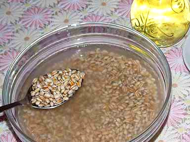 1. Этап. Гарнир из перловки: Сначала надо промыть крупу. Тщательно, в нескольких водах, до исчезновения мутной воды. Перловку лучше замочить на полчаса, а потом уже варить её. Так мы и сделаем. Заливаем чистой водой промытую перловку.