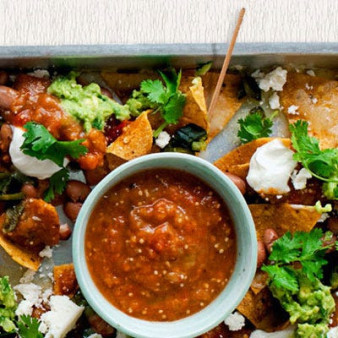 Nachos with Poblanos, Fresh Salsa, and Guacamole