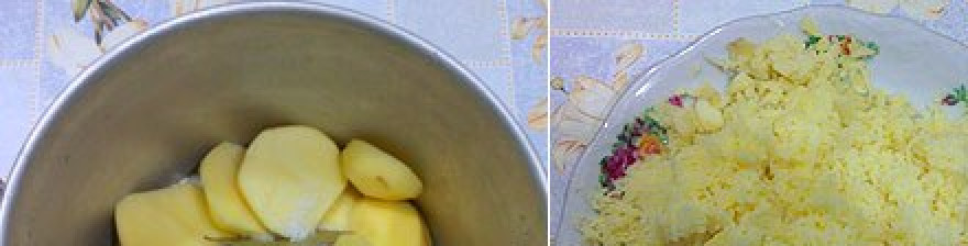 1. Этап. Картофельные зразы с сосиской: Картофель очищаем и варим в подсоленной воде до готовности. Даем ему остыть и натираем на мелкой терке.