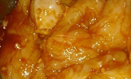 1. Этап. Куриный шашлык в томатном соусе: Перекладываем в маринад полоски филе, хорошо перемешиваем и оставляем на пару часов в холодильнике.