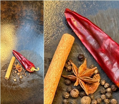 1. Этап. Хо шау ру. Свинина Мао Цзэдуна: Готовил дальше в казане. До начала приготовления мяса, в сухом казане немного прокалил специи: стручок острого перца (у меня был уже подсохший), палочку корицы, звездочку бадьяна, горошинки чёрного и душистого перцев. Без фанатизма, скорее просто хорошо прогрел.