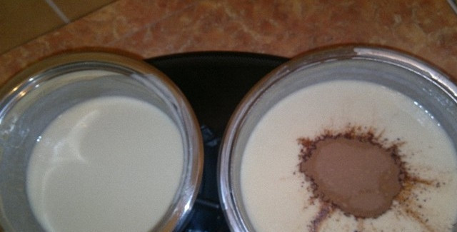 1. Этап. Желе из сметаны и какао: В одну часть добавляем какао-порошок и тщательно перемешиваем. Теперь нам необходимо, чтобы наше желе немного остыло до комнатной температуры.