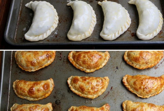 1. Этап. Эмпанадас с говядиной: 6. Сверните и плотно защипите края. Смажьте взбитым желтком и отправьте в разогретую до 190 градусов духовку. Выпекайте до румяности около 20 минут.