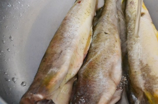 1. Этап. Навага, жаренная на сковороде: Рыбу вымойте и обсушите. Если она не выпотрошенная, то отрежьте у нее плавники, хвост, голову, достаньте внутренности. Тушки наваги порубите на куски одинаковой величины.