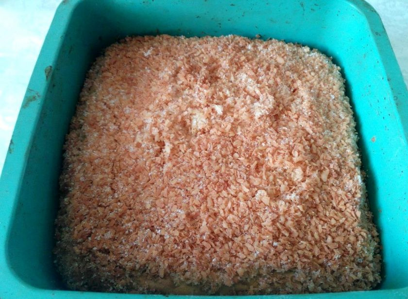 1. Этап. Кокосовый пирог со сливочной пропиткой: Выпекайте кокосовый пирог в разогретой до 170-180 градусов духовке в течение 40-50 минут до золотистого цвета. В процессе выпекания следите за тем, чтобы кокосовая стружка не подгорела, при необходимости закройте поверхность пирога фольгой.