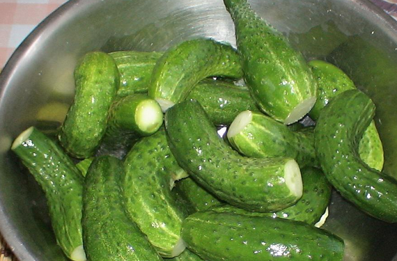 1. Этап. Закатка огурцов с лимонной кислотой: Огурцы промываем, отрезаем у них хвостики. Заливаем огурцы холодной водой и оставляем на 2-3 часа.