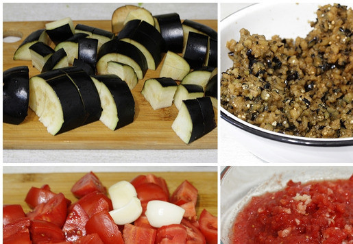 1. Этап. Икра Краснодарская: Баклажаны нарезать на куски и пропустить через мясорубку или измельчить в комбайне до небольших кусочков. Помидоры, чеснок, острый перец и зелень пропустить вместе через мясорубку. Я зелень не кладу, а чеснока кладу не более 100 г на половину нормы.