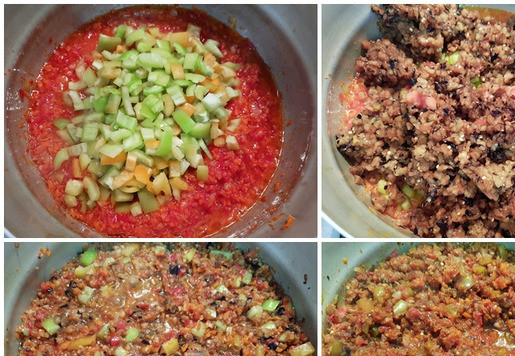 1. Этап. Икра Краснодарская: Как закипит, добавить баклажаны (или кабачки) и перец, перемешать. Варить 50–60 минут, периодически помешивая. В самом конце варки добавить уксус.