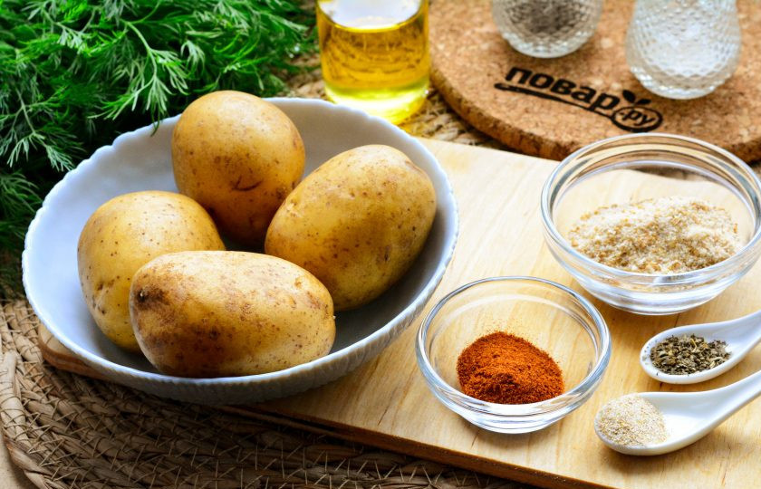 1. Этап. Картофель по-крестьянски: Подготовьте все ингредиенты для приготовления картофеля по-крестьянски.