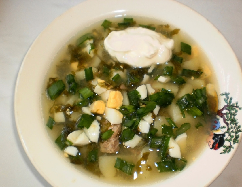 1. Этап. Щавель с тушенкой: Яички отварились. Кладу их в холодную воду, чтобы легче чистились. Суп докипает на медленном огне. Через 15 минут после закладки тушенки со щавелем я выключаю суп. Наливаю его в тарелки, посыпаю нарубленным зеленым луком. К каждой порции подам разрезанное яичко, можно по половинке или четвертинке. Приятного аппетита!