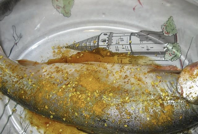 1. Этап. Голец в духовке: Рыу хорошенько промываем, вычищаем её изнутри от внутренностей, отрезаем жабры. Солим тушку, поливаем соевым соусом, не забываем также и про специи. Натертую рыбку оставляем пока постоять в районе получаса.