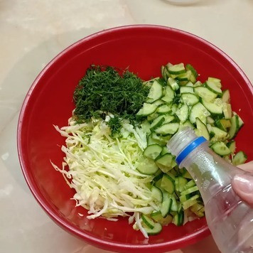 1. Этап. Салат из молодой капусты с уксусом: Капусту и укроп выложить в глубокую миску, посолить, добавить по вкусу уксус и слегка примять руками.