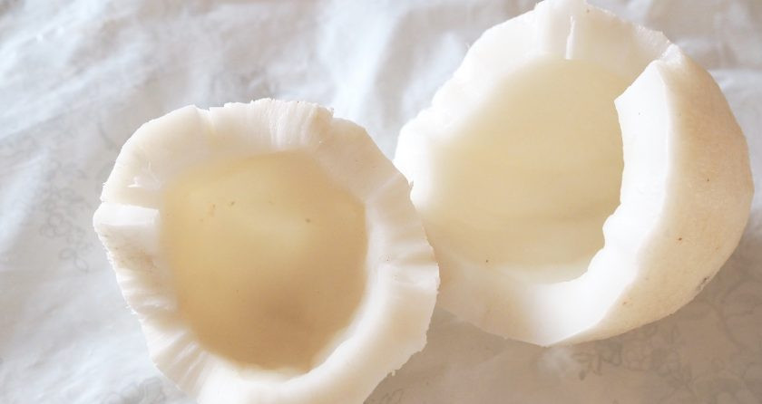 1. Этап. Молоко из кокоса: Выньте мякоть из коры и удалите коричневую кожицу, промойте мякоть водой для удаления частичек оболочки.