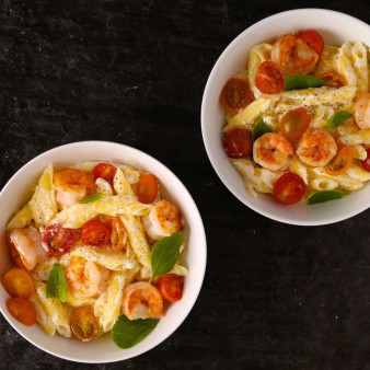 Penne with Garlicky Shrimp, Ricotta, and Tomatoes