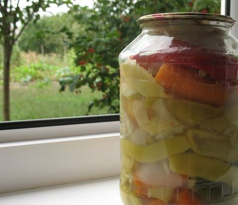 1. Этап. Ассорти из овощей: Фасолью и капустой овощи удобно перекладывать в банках. Залейте их тем же рассолом, в котором они были. Простерилизуйте пару минут и закатывайте.