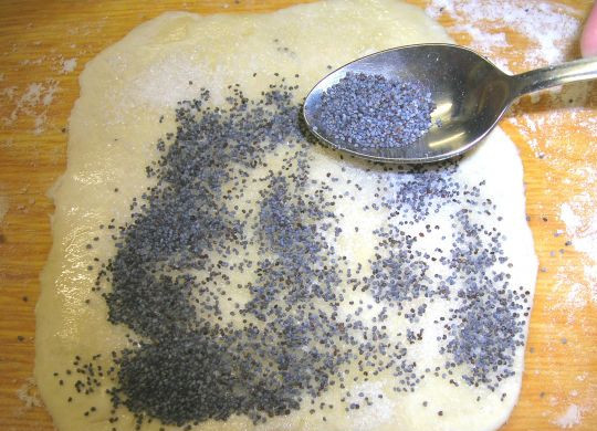 1. Этап. Плюшки с маком: Когда тесто снова поднимется, оно готово. Разделяем его на кусочки. Каждый кусочек раскатываем, смазываем растительным маслом, посыпаем сахаром и маком.