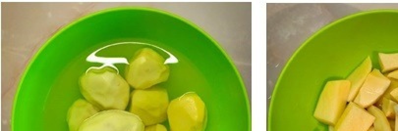 1. Этап. Кролик под соусом, запечённый в пакете: Картофель помыть, почистить и разрезать на 4 части.