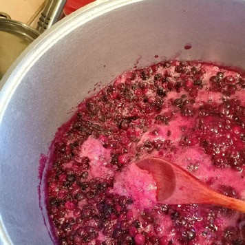 1. Этап. Варенье из ирги: Время от времени снимать образовавшуюся пену. Варить 5мин на среднем огне. Затем убрать варенье с плиты и дать ему полностью остыть. За это время ягоды пропитаются сахарным сиропом.