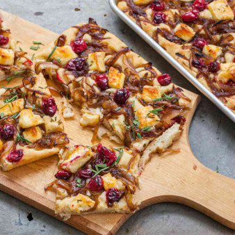 Focaccia with Caramelized Onions, Cranberries, and Brie