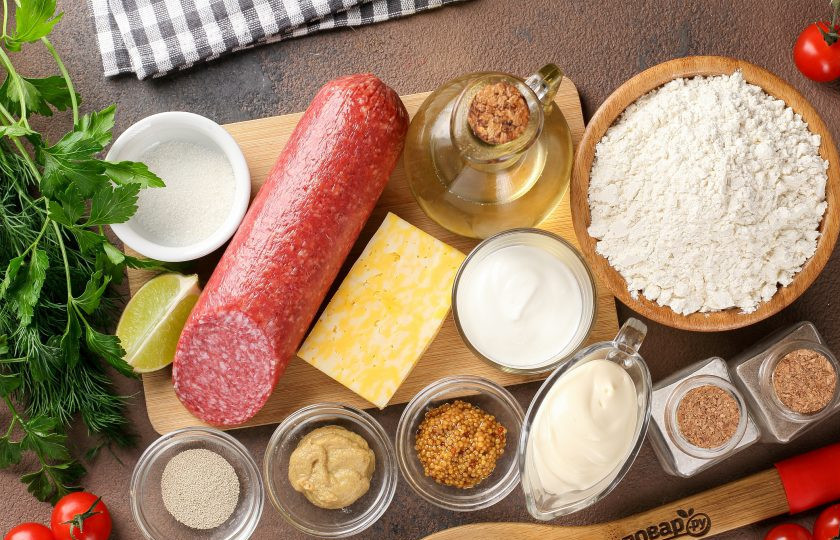 1. Этап. Пицца с горчичным соусом: Подготовьте все ингредиенты.