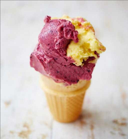 1. Stage. Fruit Yogurt Ice Cream: Put in a wafer cups or just in plates, one ball of each of the ice cream protrusions.