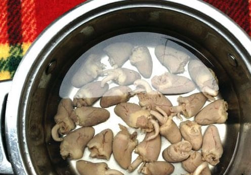 1. Этап. Жареные куриные сердечки со сметаной: Желудочки промойте, сложите в глубокую кастрюлю и поставьте на огонь. Доведите до кипения, добавьте Лаврушку, соль и отварите 10 минут.