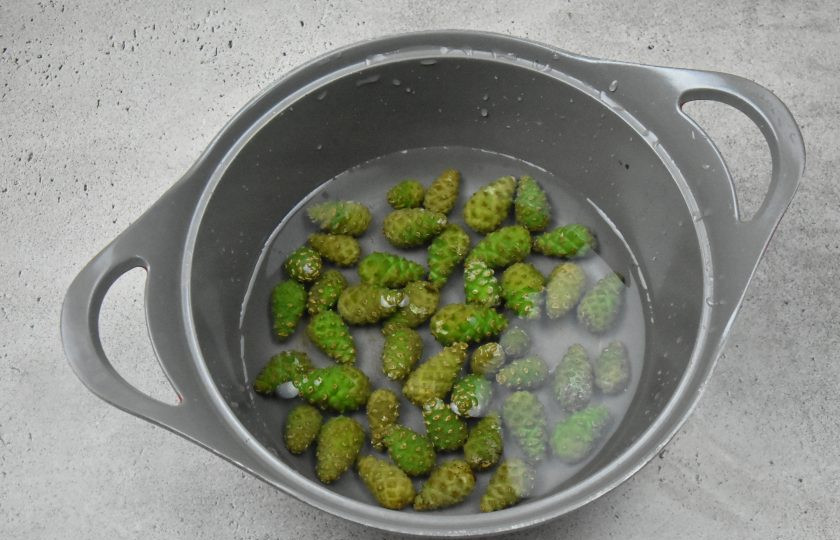 1. Этап. Сосновое варенье: Влейте к шишкам чистую фильтрованную воду и поставьте кастрюлю на средний огонь. Варите шишки минут 30, до мягкости. Затем накройте кастрюлю крышкой и оставьте отвар настояться в течение 6-8 часов. Можно оставить на ночь.