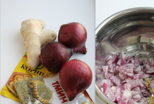 1. Этап. Томатный суп Огонь и лед: Мелко нарубленный красный лук обжарить в сотейнике на оливковом масле с тертым имбирем, молотой корицей, семенами тмина, паприкой. Обжаривать до сильного запаха жареного лука и специй, но не пережечь.