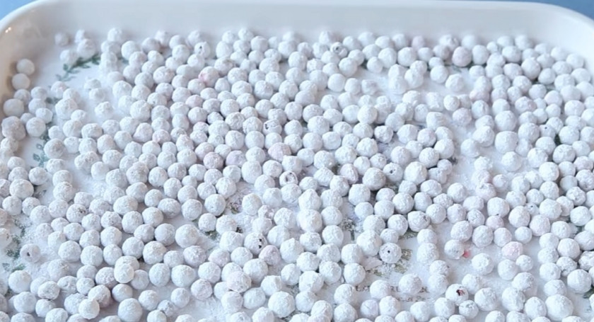 1. Этап. Клюква в сахарной пудре: 6. Выложите ягоды на противень, сушите их в разогретой до 50 градусов духовке 30 минут.