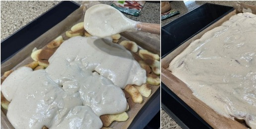 1. Этап. Яблочный рулет: Выложил тесто на яблоки и разровнял.