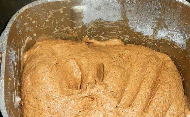 1. Этап. Бородинский хлеб: Влейте воду, добавьте заваренный солод. Теперь нужно вручную, круговыми движениями замесить тесто (при помощи специальной лопатки для замеса). Разровняйте тесто мокрыми руками и оставьте его 