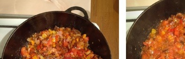 1. Этап. Рататуй с куриной грудкой: Затем добавить перец, томаты и тушить еще в течение 7мин. Потом добавить соус, соль и перец - по вкусу и тушить еще 5мин.