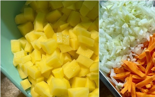 1. Этап. Суп рыбный. Дуэт осётра с сёмгой: Три крупных картофелины нарезал мелко, кубиками. Морковку в этот раз брусочками, а лук кубиками. Всё отправил в бульон. Дал вскипеть и нагрев опять минимизировал. Вот тут время посолить. Сколько положить соли? А чтобы вкусно стало.