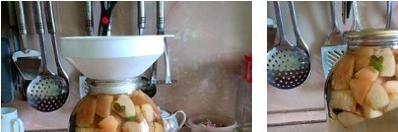 1. Этап. Компот из яблок и мяты: Залить кипящим сиропом яблоки и закатать банки. Оставить до полного остывания.