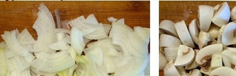 1. Этап. Кролик под соусом, запечённый в пакете: Почистить лук и нарезать полукольцами или четвертинками. Грибы помыть, почистить и порезать крупными кусочками.