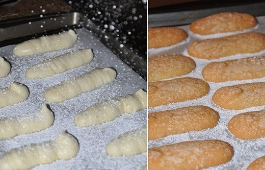 1. Этап. Печенье для Тирамису: 5. Пусть постоят на столе минут 7-10. После присыпьте сахарной пудрой обильно и отправьте в разогретую до 200 градусов духовку на 12-15 минут.