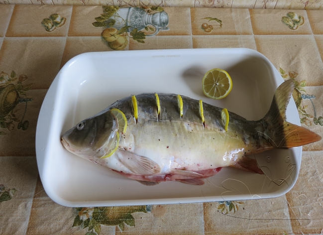 1. Этап. Фаршированный карп в фольге: Карпа вымойте и почистите от чешуи, достаньте жабры. Сделайте глубокие надрезы поперек туловища рыбы. Вставьте в них кружочки лимона, рыбу полейте лимонным соком и присыпьте перцем с солью.