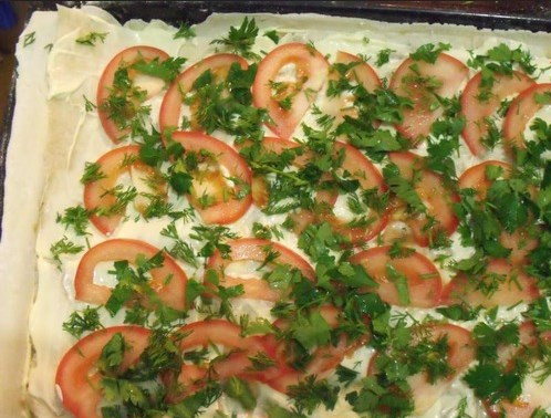 1. Этап. Лазанья с фаршем и помидорами: Потом - слой лаваша. Снова смазываем майонезом, выкладываем зелень и помидоры.