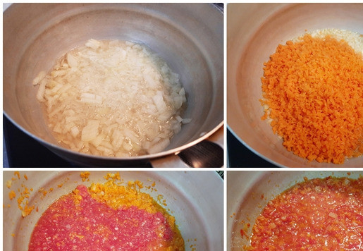 1. Этап. Икра Краснодарская: В кастрюле разогреть масло, выложить в него лук и пассеровать около 10 минут. Заем добавить морковь, перемешать и тушить ещё 10 минут. Влить помидорную смесь, добавить соль, сахар и перемешать.