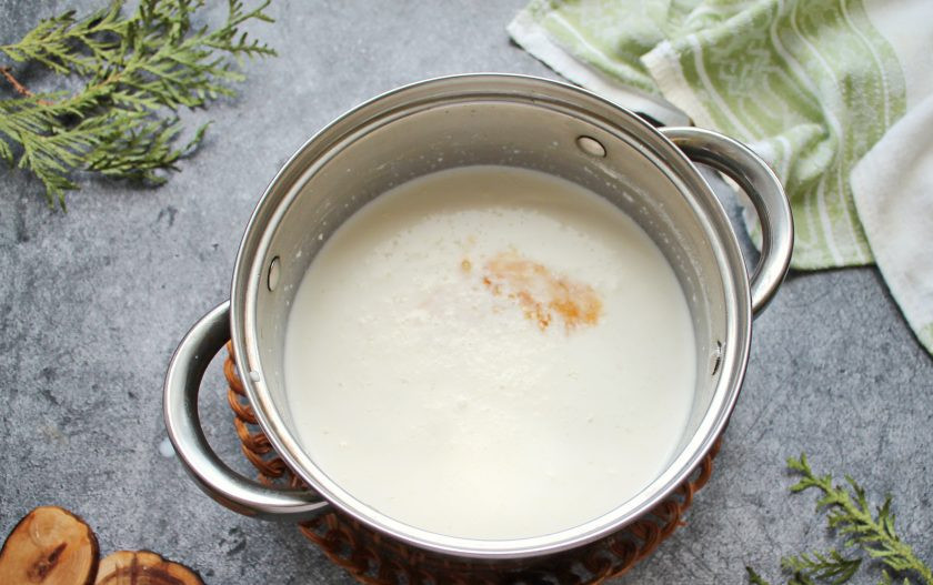 1. Этап. Обезжиренный ванильный йогурт: Влейте в молоко ванильный экстракт по своему вкусу, перемешайте.