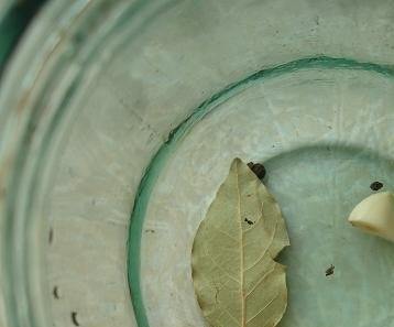 1. Этап. Огурчики в заливке: Порция рассчитана на четыре литровые баночки. Вымойте их хорошенько и высушите. Чесночок очистите, в каждую баночку положите нарезанный на несколько частей зубчик, а также лавровый лист и перец горошком.