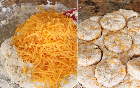 1. Этап. Закусочные сырные печенюшки: 4. Натрите на терке сыр, добавьте в тесто. Выложите на рабочий стол, раскатайте. Вырежьте печеньки.