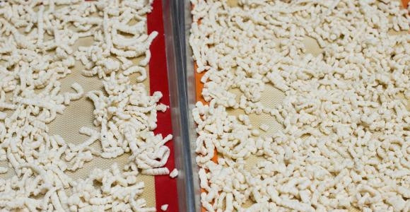 1. Этап. Торт Муравейник со сгущенкой: 4. Отправьте тесто в морозилку на 40-60 минут, затем пропустите его через мясорубку. Получившуюся крошку выложите одним слоем на противень (если не помещается, то на два).