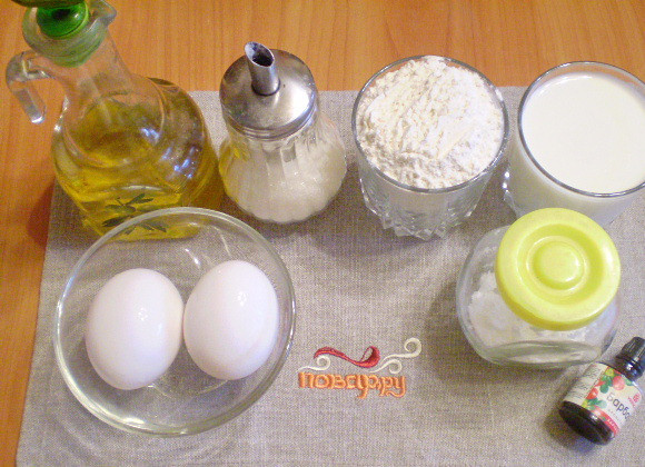 1. Этап. Оладьи на кефире пышные: Сначала подготовим все необходимые продукты. Это значительно экономит время в процессе готовки и позволяет обойтись без суеты в дальнейшем.