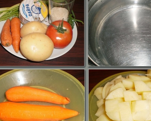 1. Этап. Суп из консервы сайры: Налейте в кастрюлю воды и поставьте ее греться. Тем временем промойте и очистите картофель и морковь. Картофель нарежьте кубиками.