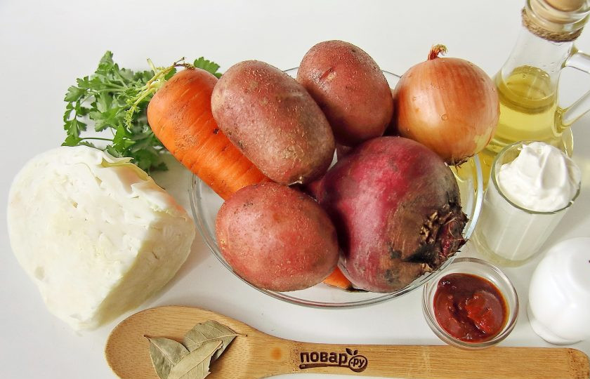 1. Этап. Борщ для детей: Подготовьте все ингредиенты.
