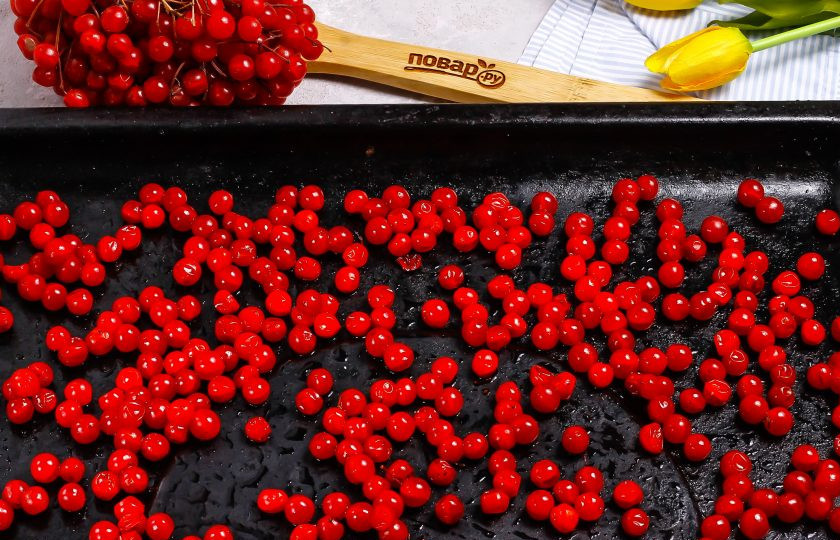 1. Этап. Сушка калины: Разложите ягоды на противне или поддоне элекстросушилки, если будете сушить их в ней.