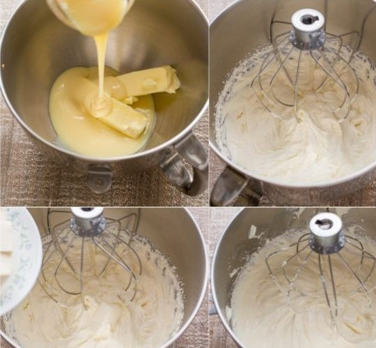 1. Этап. Блинный торт Пломбир: 2. В отдельной емкости взбейте масло и сгущенное молоко с помощью миксера на высокой скорости в течение 7 минут. Добавьте сливочный сыр и перемешивайте смесь на средней скорости. Добавьте щепотку ванилина, продолжайте взбивать до тех пор, пока крем не станет более плотным.