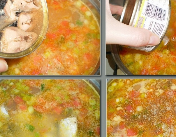 1. Этап. Суп из консервы сайры: Добавьте сайру в суп, я добавляю целыми кусочками, по желанию можете покрошить. Под крышкой варим еще 4-5 минут. Соль и перец по вкусу.